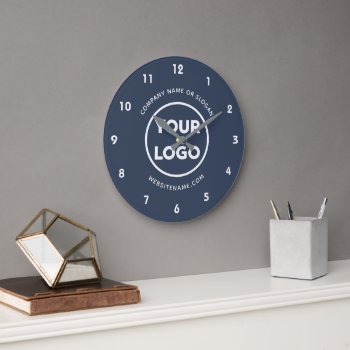 Custom Business Logo And Text Navy Blue Background Large Clock by RocklawnArts at Zazzle