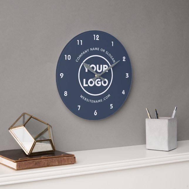 Custom Business Logo and Text Navy Blue Background Large Clock (Office)