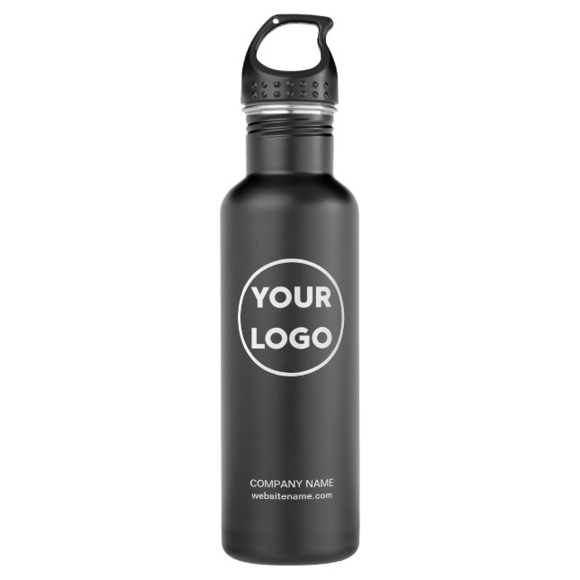 Custom Business Logo and Text on Black Stainless Steel Water Bottle (Front)