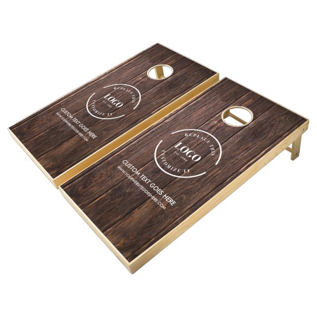 Custom Business logo and text rustic wood grain  Cornhole Set (Angled)