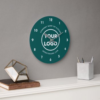 Custom Business Logo And Text Teal Background Large Clock by RocklawnArts at Zazzle