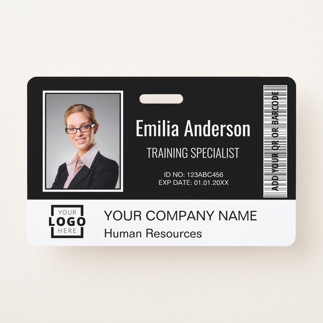 Custom Business Logo Bar Code Employee Photo Black Badge | Zazzle