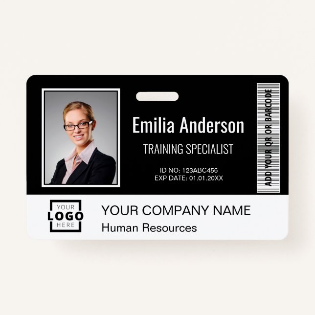 Custom Business Logo Bar Code Employee Photo Black Badge (Front)