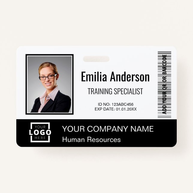 Custom Business Logo Bar Code Employee Photo Black Badge (Front)