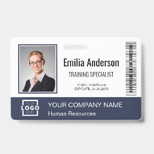 Custom Business Logo Bar Code Employee Photo Blue Badge