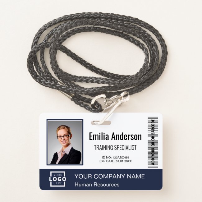 Custom Business Logo Bar Code Employee Photo Blue Badge