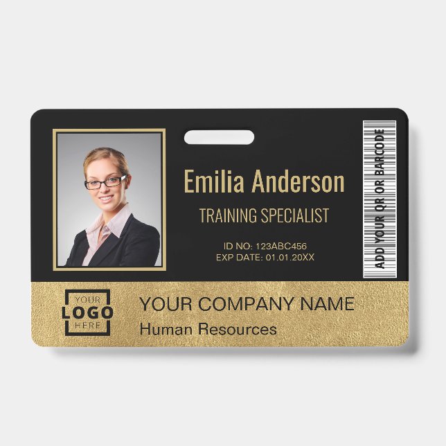 Custom Business Logo Bar Code Employee Photo Gold Badge (Front)