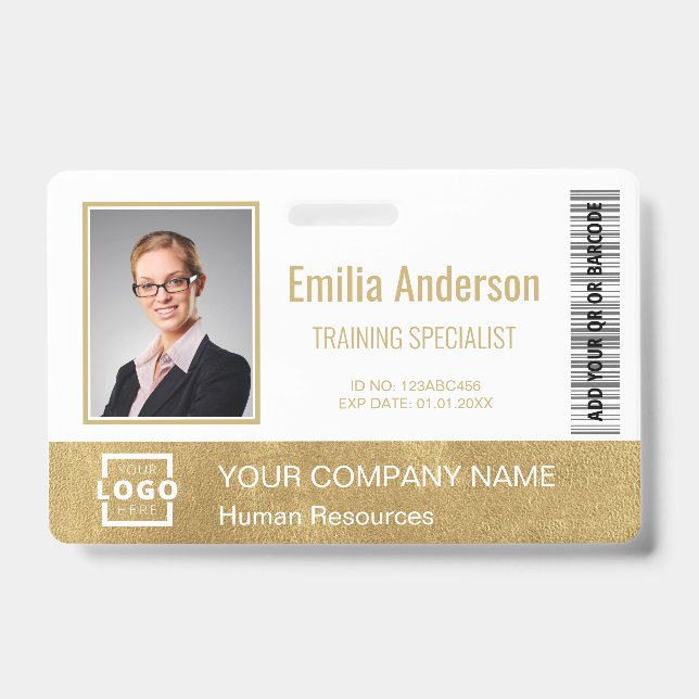 Custom Business Logo Bar Code Employee Photo Gold Badge (Front)