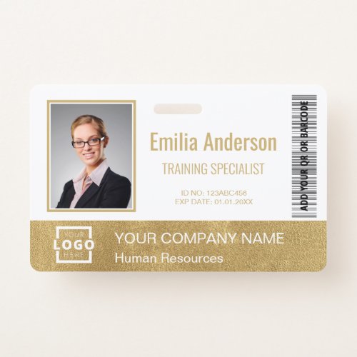 Custom Business Logo Bar Code Employee Photo Gold Badge