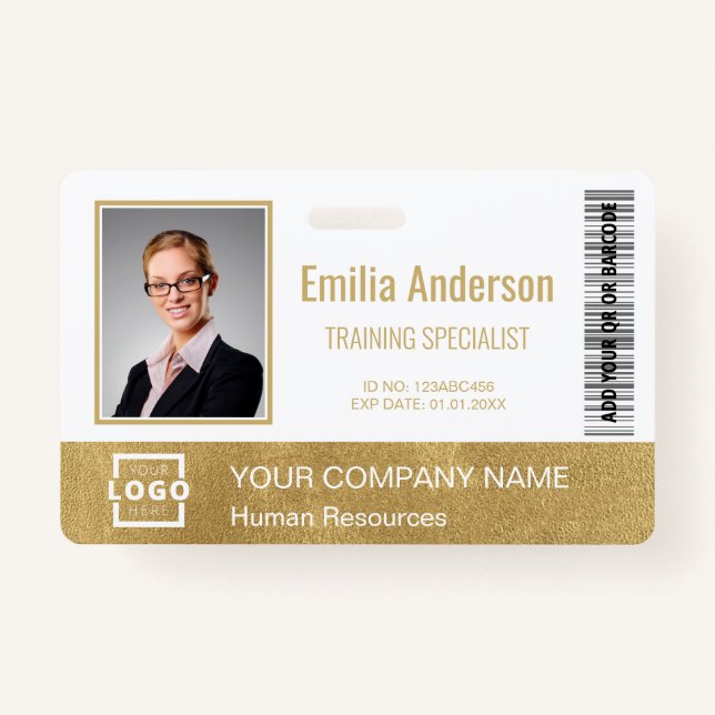 Custom Business Logo Bar Code Employee Photo Gold Badge (Front)