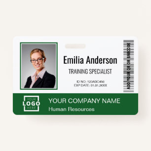 Custom Business Logo Bar Code Employee Photo Green Badge