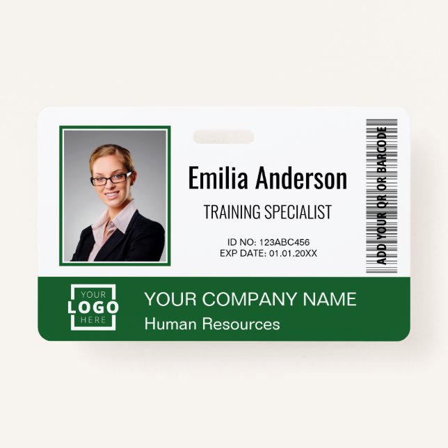 Custom Business Logo Bar Code Employee Photo Green Badge (Front)