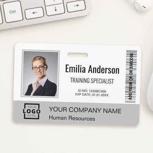 Custom Business Logo Bar Code Employee Photo Grey Badge