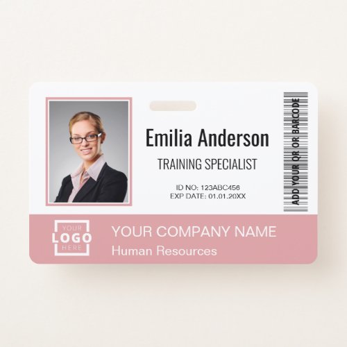 Custom Business Logo Bar Code Employee Photo Pink Badge