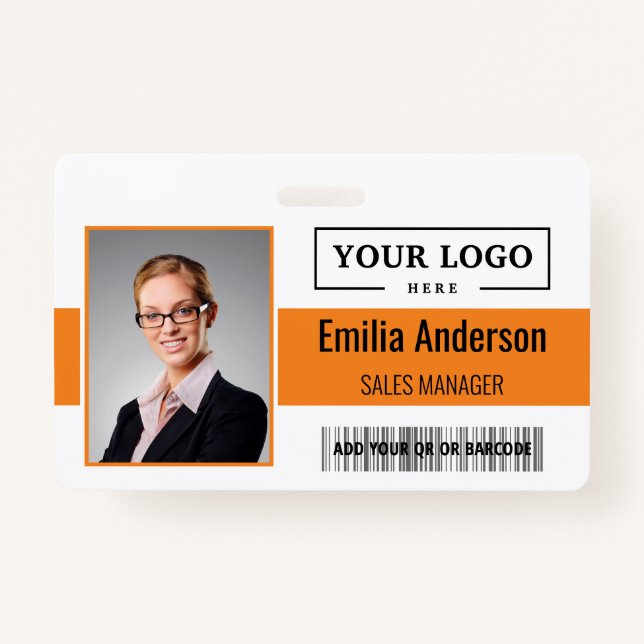 Custom Business Logo Barcode Employee Photo Badge (Front)