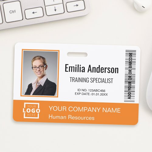Custom Business Logo Barcode Employee Photo Orange Badge