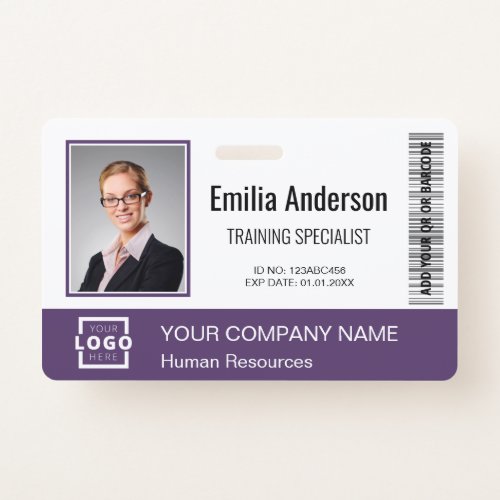 Custom Business Logo Barcode Employee Photo Purple Badge