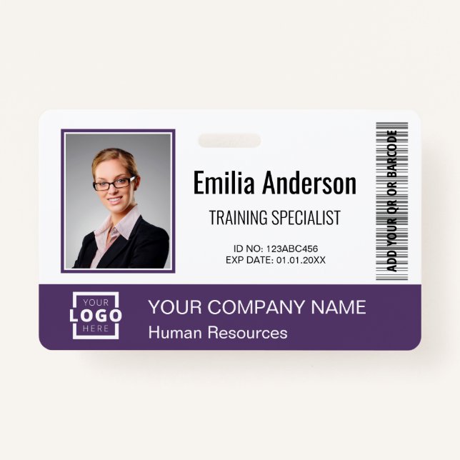 Custom Business Logo Barcode Employee Photo Purple Badge (Front)