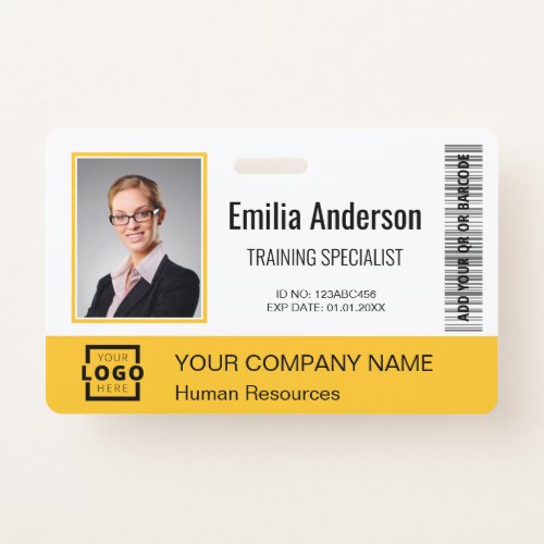 Custom Business Logo Barcode Employee Photo Yellow Badge