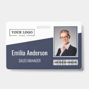 Custom Business Logo Barcode Photo Employee Blue Badge