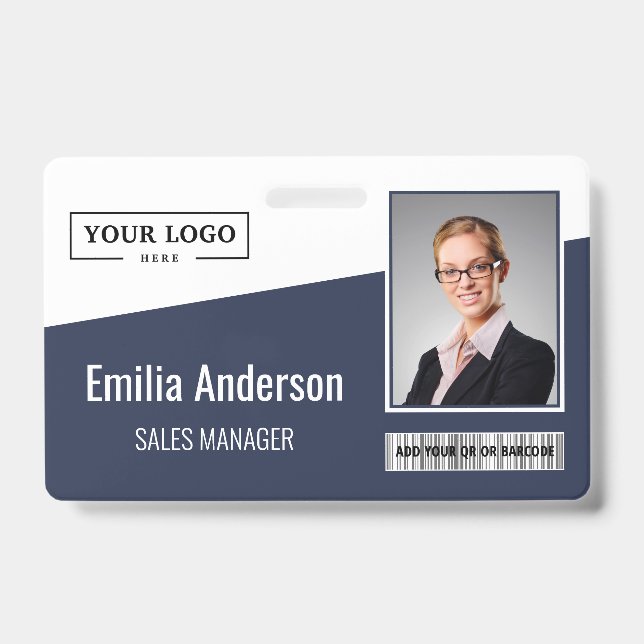 Custom Business Logo Barcode Photo Employee Blue Badge (Front)