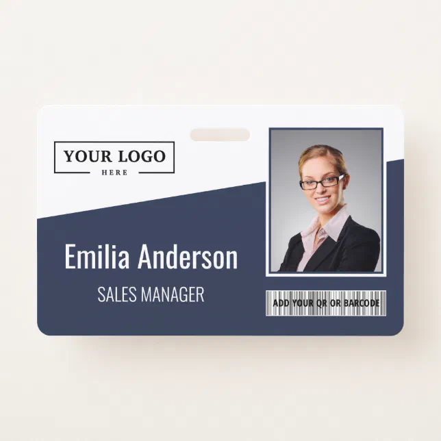 Custom Business Logo Barcode Photo Employee Blue Badge | Zazzle