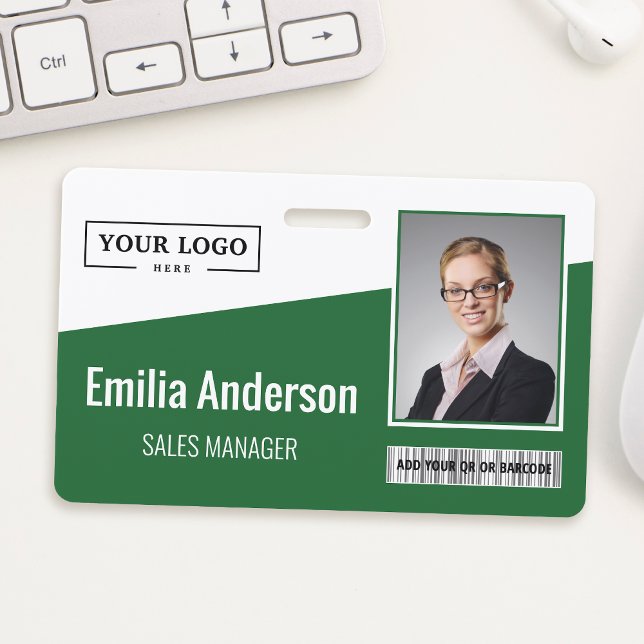 Custom Business Logo Barcode Photo Employee Green Badge (This badge is a smart way to identify your employees. It has your logo, barcode, and photo.)