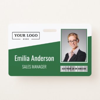 Custom Business Logo Barcode Photo Employee Green Badge | Zazzle