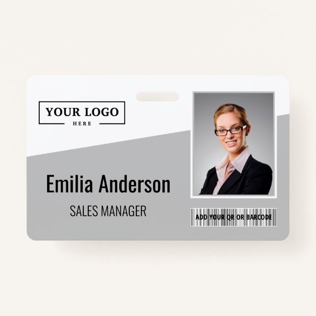 Custom Business Logo Barcode Photo Employee Grey Badge (Front)