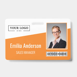 Custom Business Logo Barcode Photo Employee Orange Badge