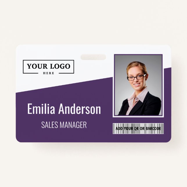 Custom Business Logo Barcode Photo Employee Purple Badge (Front)