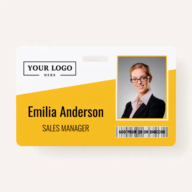 Custom Business Logo Barcode Photo Employee Yellow Badge Zazzle