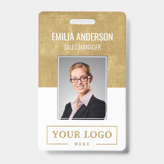 Custom Business Logo Basic Employee Photo Gold Badge (Front)