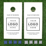Custom Business Logo Black and White Branded Cornhole Set<br><div class="desc">Custom branded cornhole bean bag toss yard game set features a business logo design centered on the front and framed by custom text that can be personalized with the name of the company,  location,  slogan,  website,  or other info. White background and black text colors can be modified.</div>