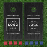 Custom Business Logo Black Wood Grain Branded Cornhole Set<br><div class="desc">Custom branded cornhole bean bag toss yard game set features a business logo design centered on the front and framed by custom text that can be personalized with the name of the company, location, slogan, website, or other info. Rustic faux black wood grain background and white text colors can be...</div>