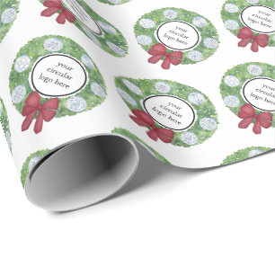 Custom Business Logo Christmas Wreath Blue White Wrapping Paper