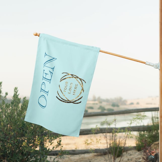 Custom Business Logo Dark Turquoise on aqua "OPEN" House Flag (Insitu (Back))