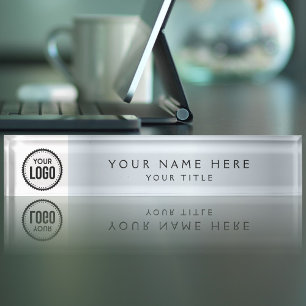 Custom Business Logo Elegant Gradient Silver Desk Name Plate