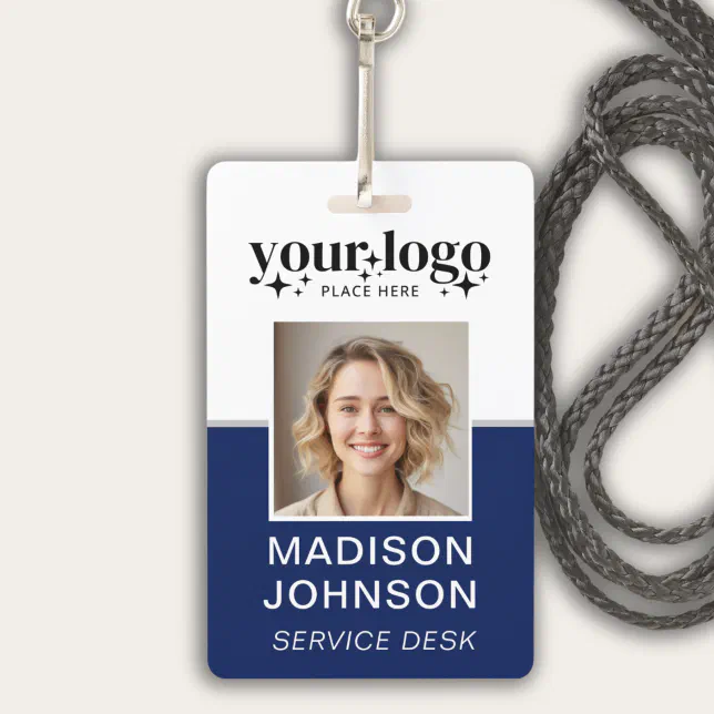 Custom Business Logo Employee Photo Blue ID Badge | Zazzle