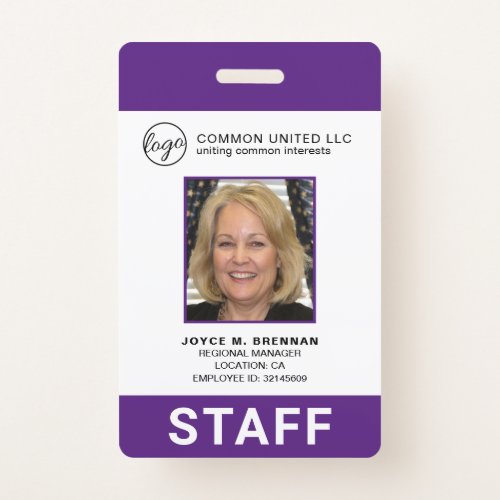 Custom Business Logo Employee Purple Photo ID Badge