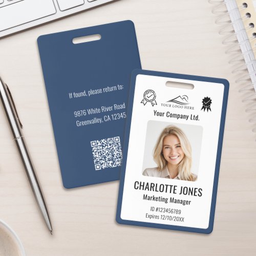 Custom Business Logo Employee QR Code Blue ID Badge