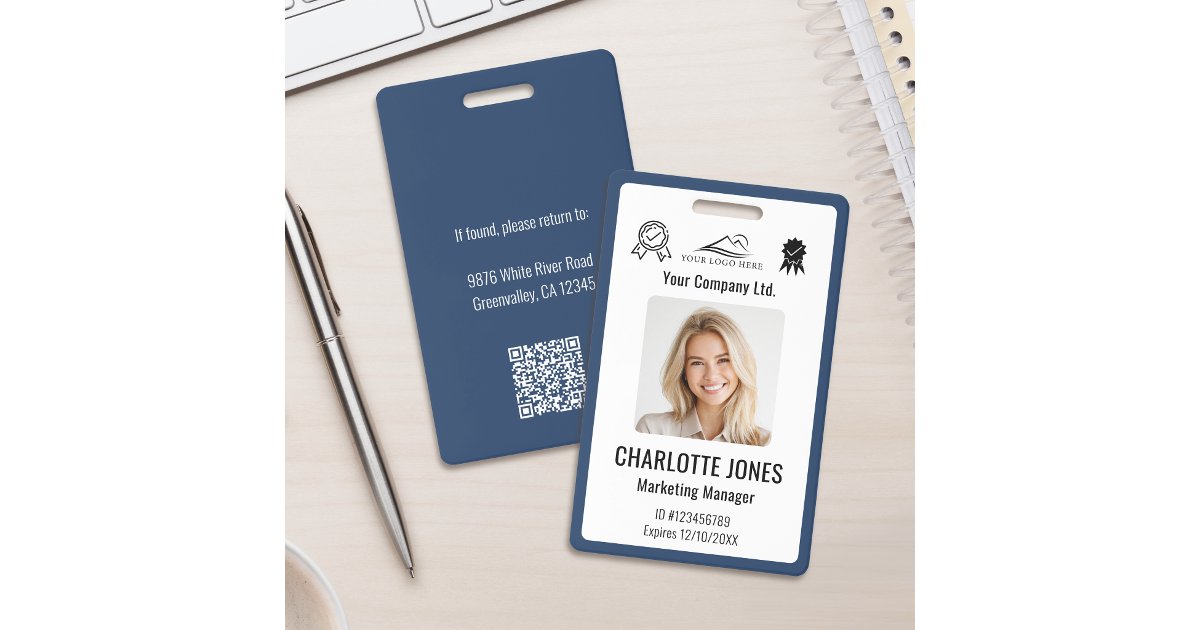Custom Business Logo Employee QR Code Blue ID Badge | Zazzle