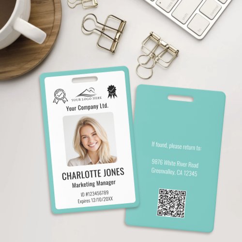 Custom Business Logo Employee QR Code Teal ID Badge