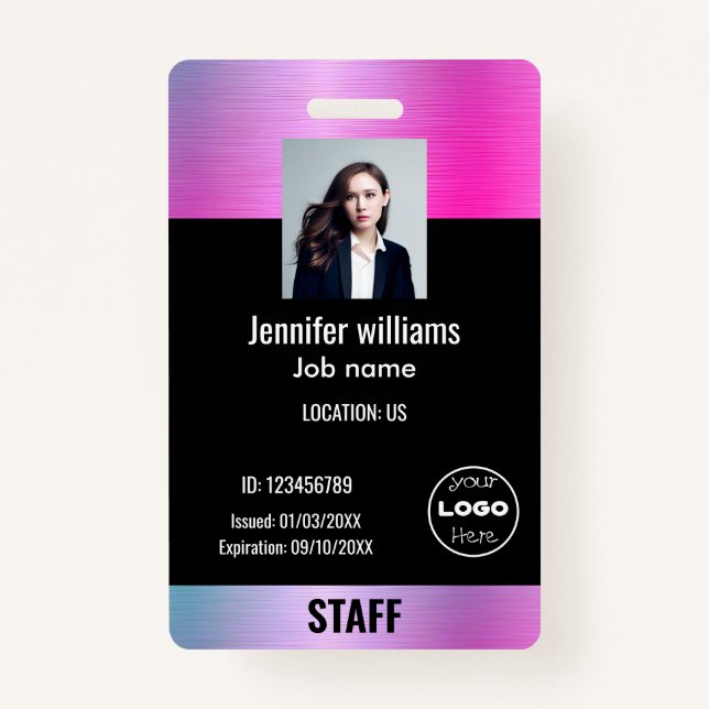 Custom Business Logo Glam  Purple & Black Photo ID Badge (Front)