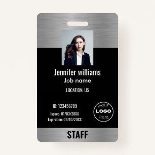 Custom Business Logo Glam Silver & Black Photo ID Badge