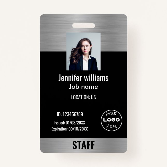 Custom Business Logo Glam Silver & Black Photo ID Badge (Front)