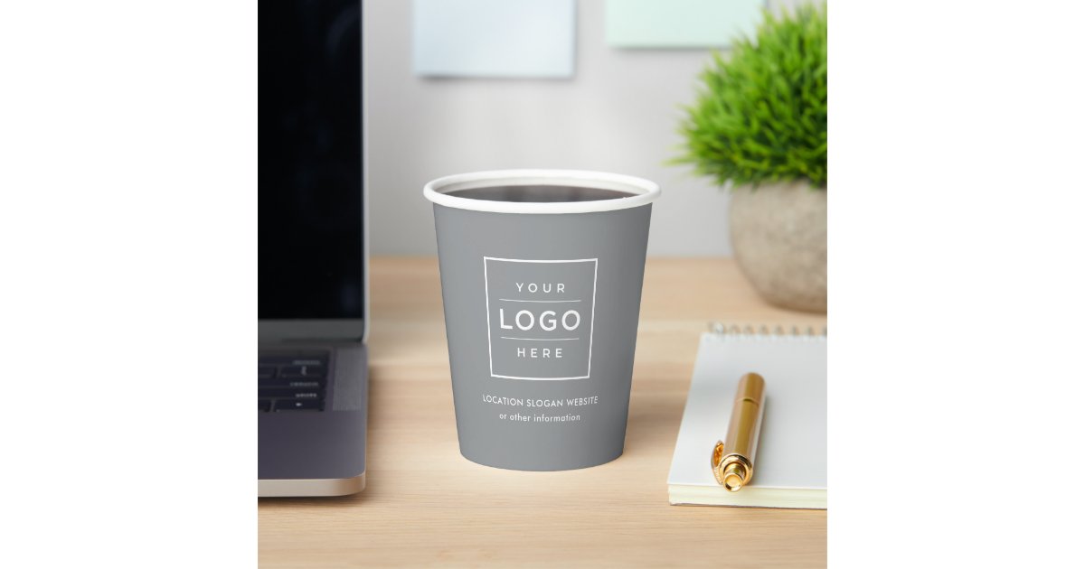 Custom Business Logo Gray and White Branded Paper Cups | Zazzle