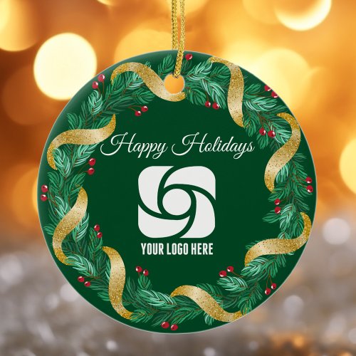 Custom Business Logo Green Christmas Wreath Ceramic Ornament