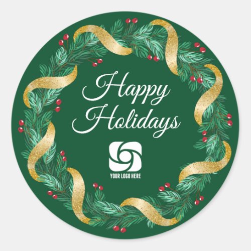 Custom Business Logo Green Christmas Wreath Classic Round Sticker