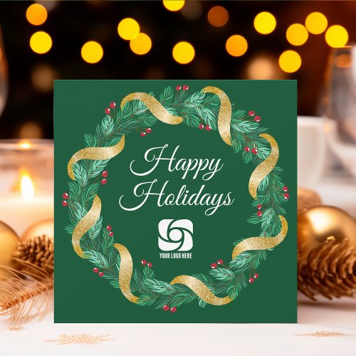 Custom Business Logo Green Christmas Wreath Holiday Card